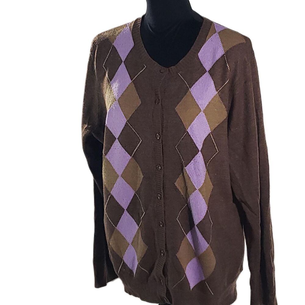 Croft & Barrow Brown Purple Argyle Long Sleeve Button Up Cardigan Size XL